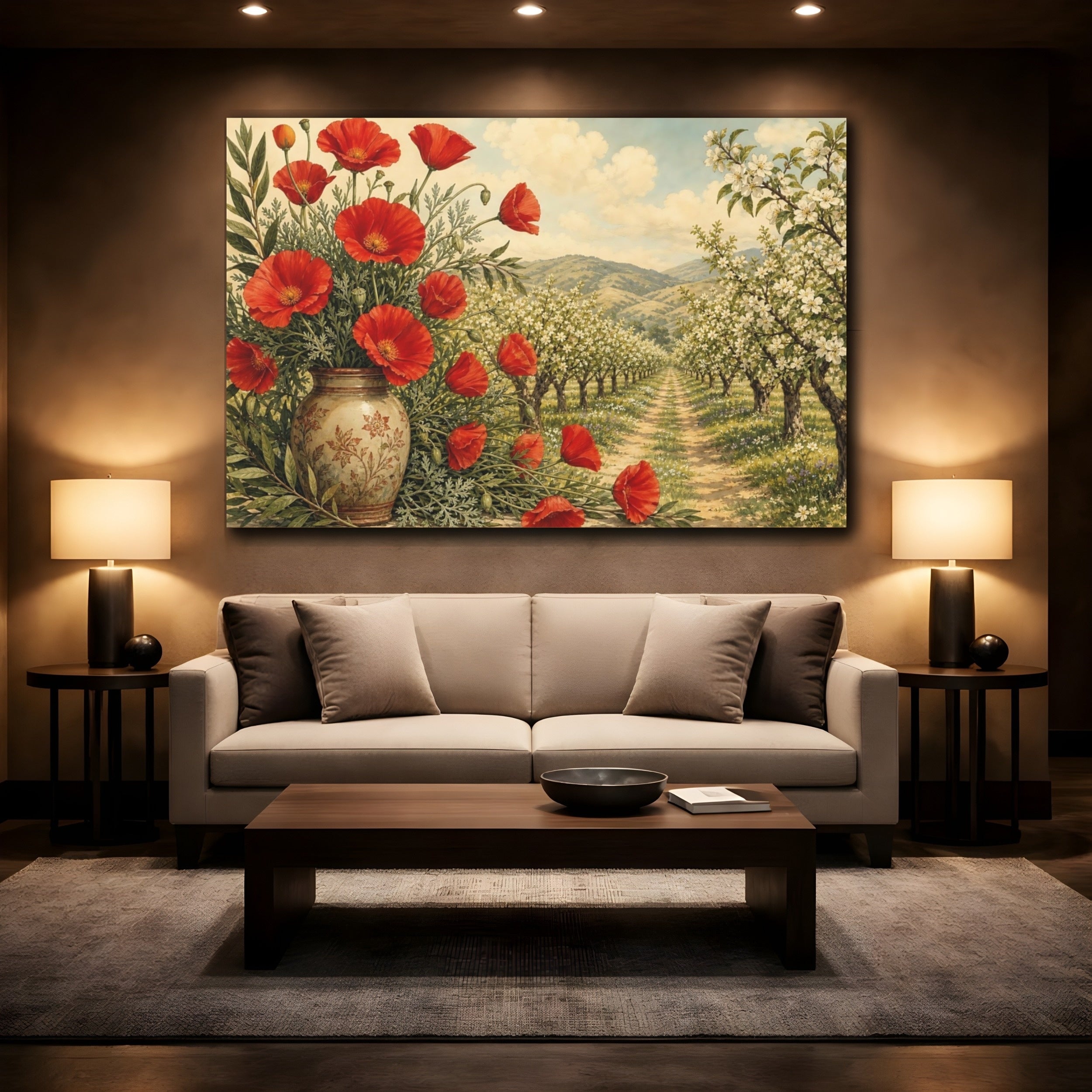 Mockup 2. Floral Red Poppies Red And Green Landscape shown as stretched canvas wall art