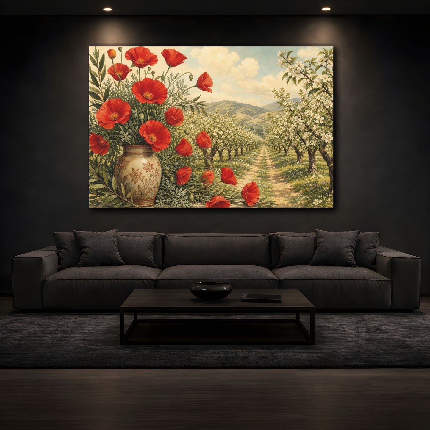 Mockup 3. Floral Red Poppies Red And Green Landscape shown as stretched canvas wall art