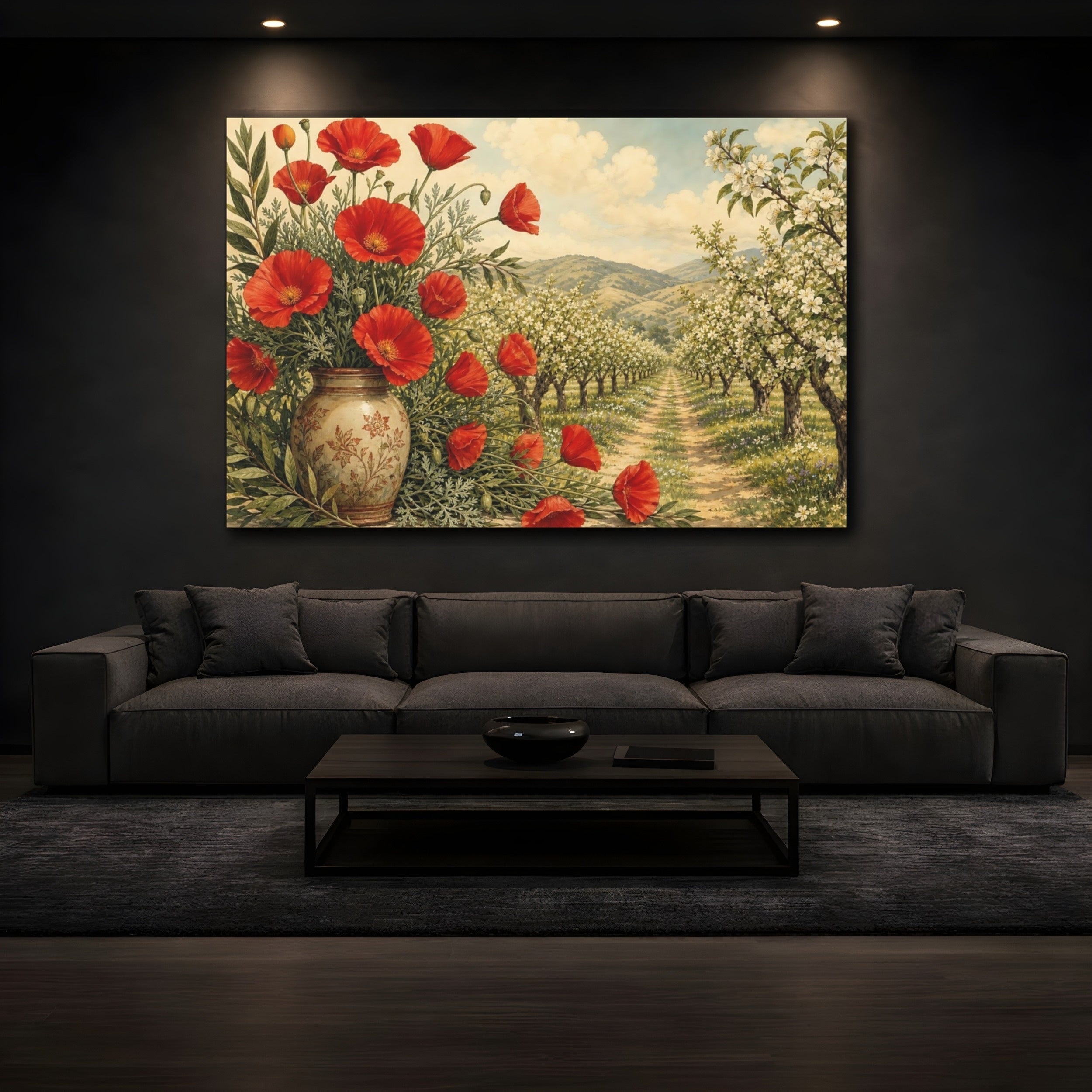Mockup 3. Floral Red Poppies Red And Green Landscape shown as stretched canvas wall art