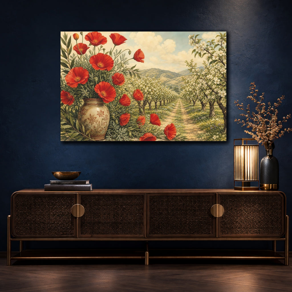 Mockup 4. Floral Red Poppies Red And Green Landscape shown as stretched canvas wall art