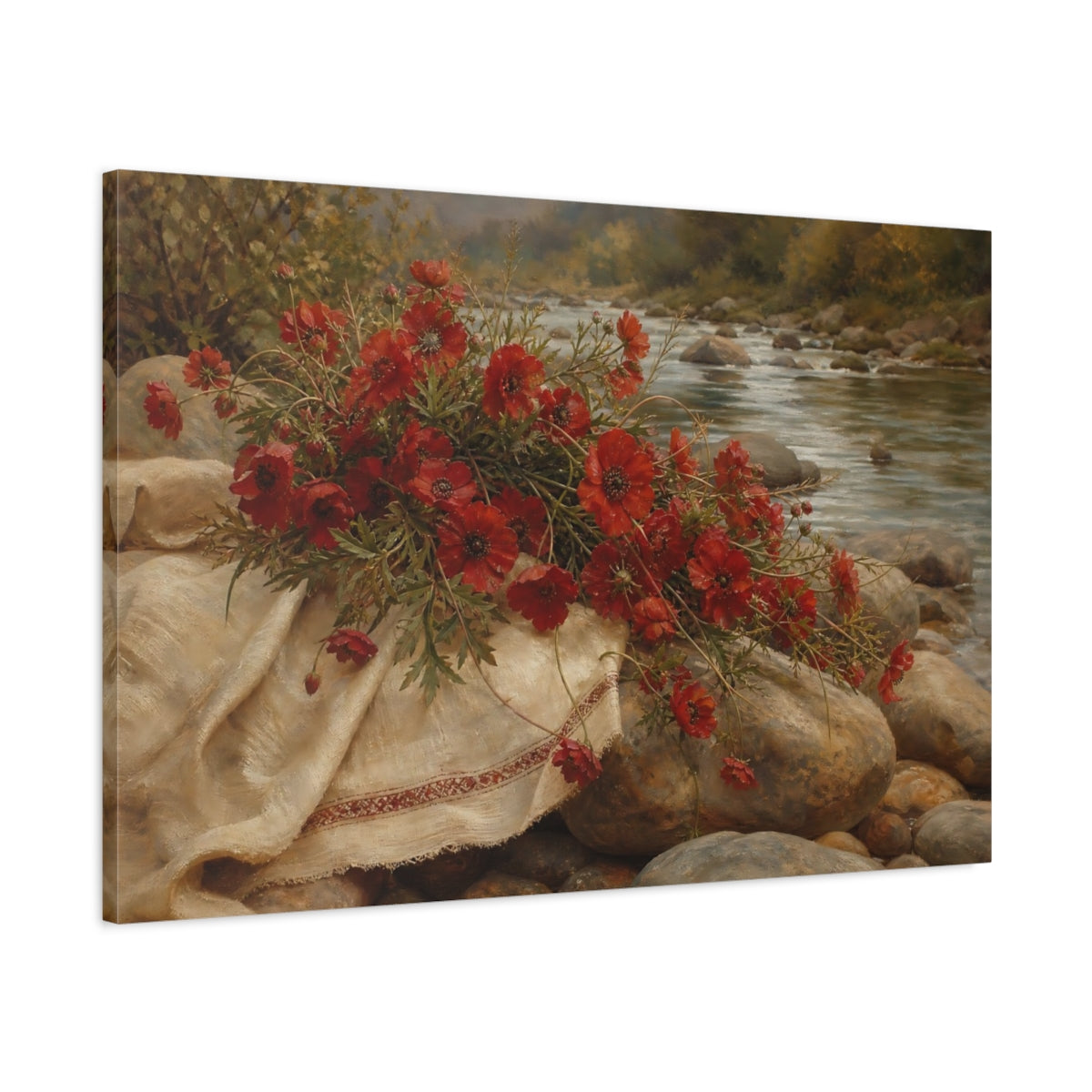 Main Mockup. Floral Red Poppies Red Floral River shown as stretched canvas wall art