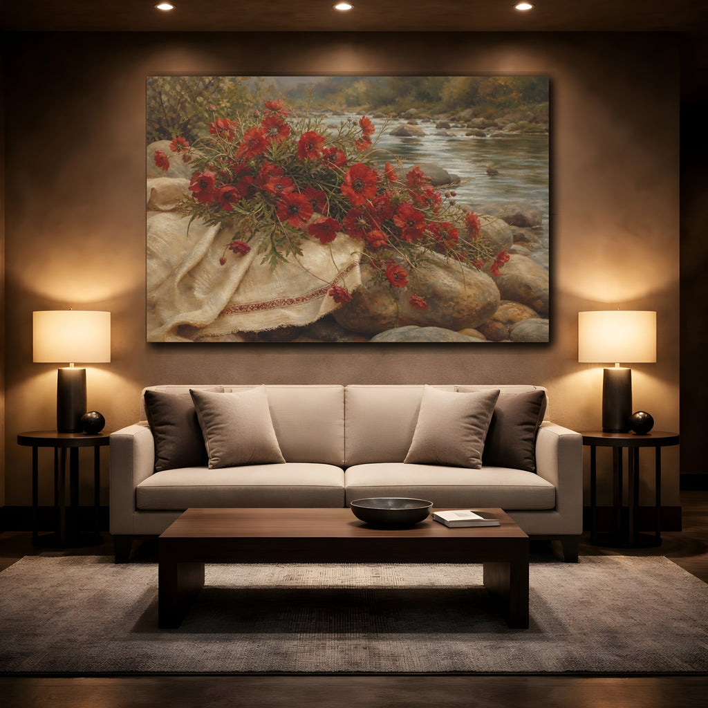 Mockup 2. Floral Red Poppies Red Floral River shown as stretched canvas wall art