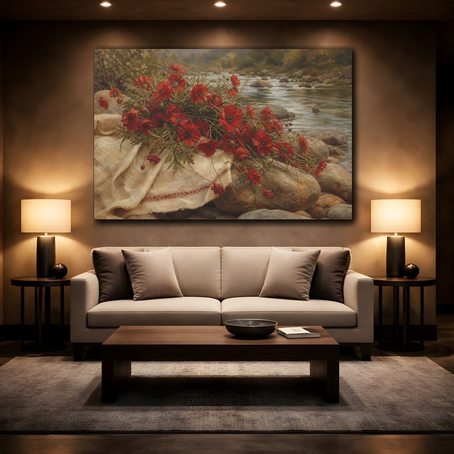 Mockup 2. Floral Red Poppies Red Floral River shown as stretched canvas wall art