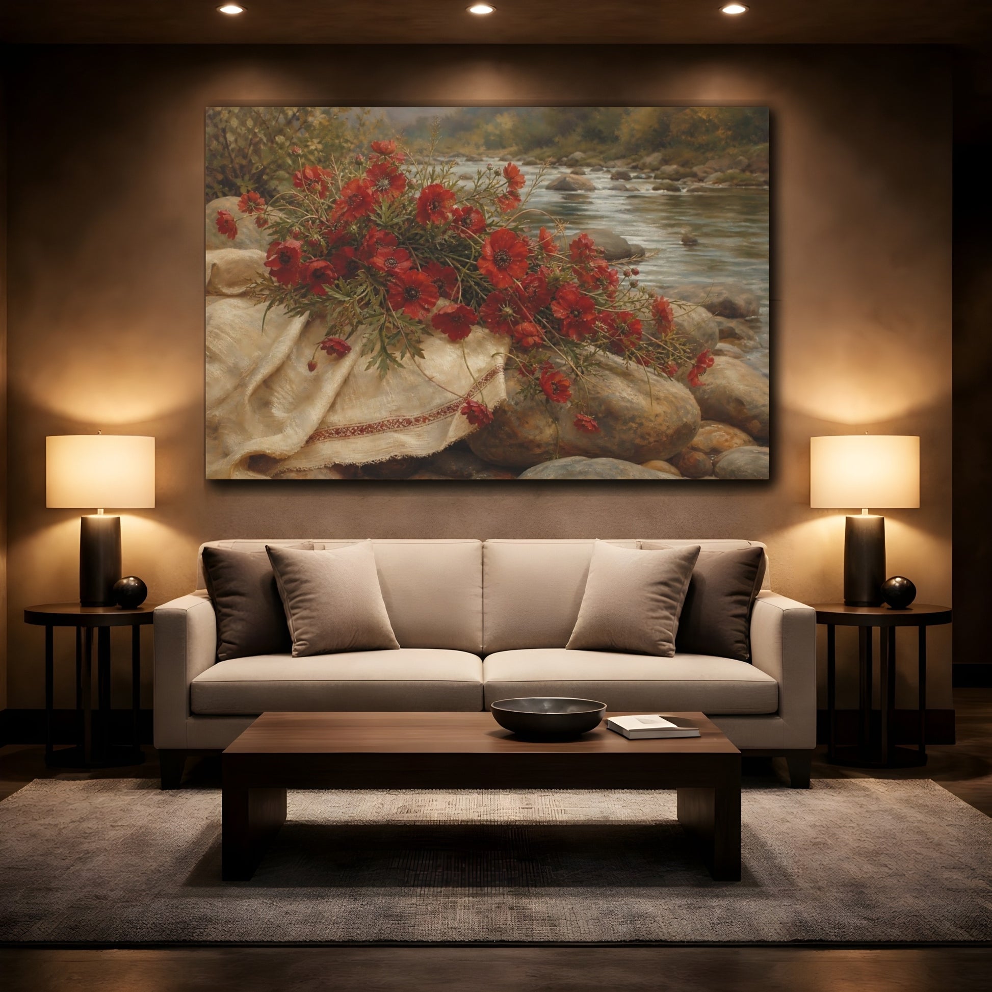Mockup 2. Floral Red Poppies Red Floral River shown as stretched canvas wall art
