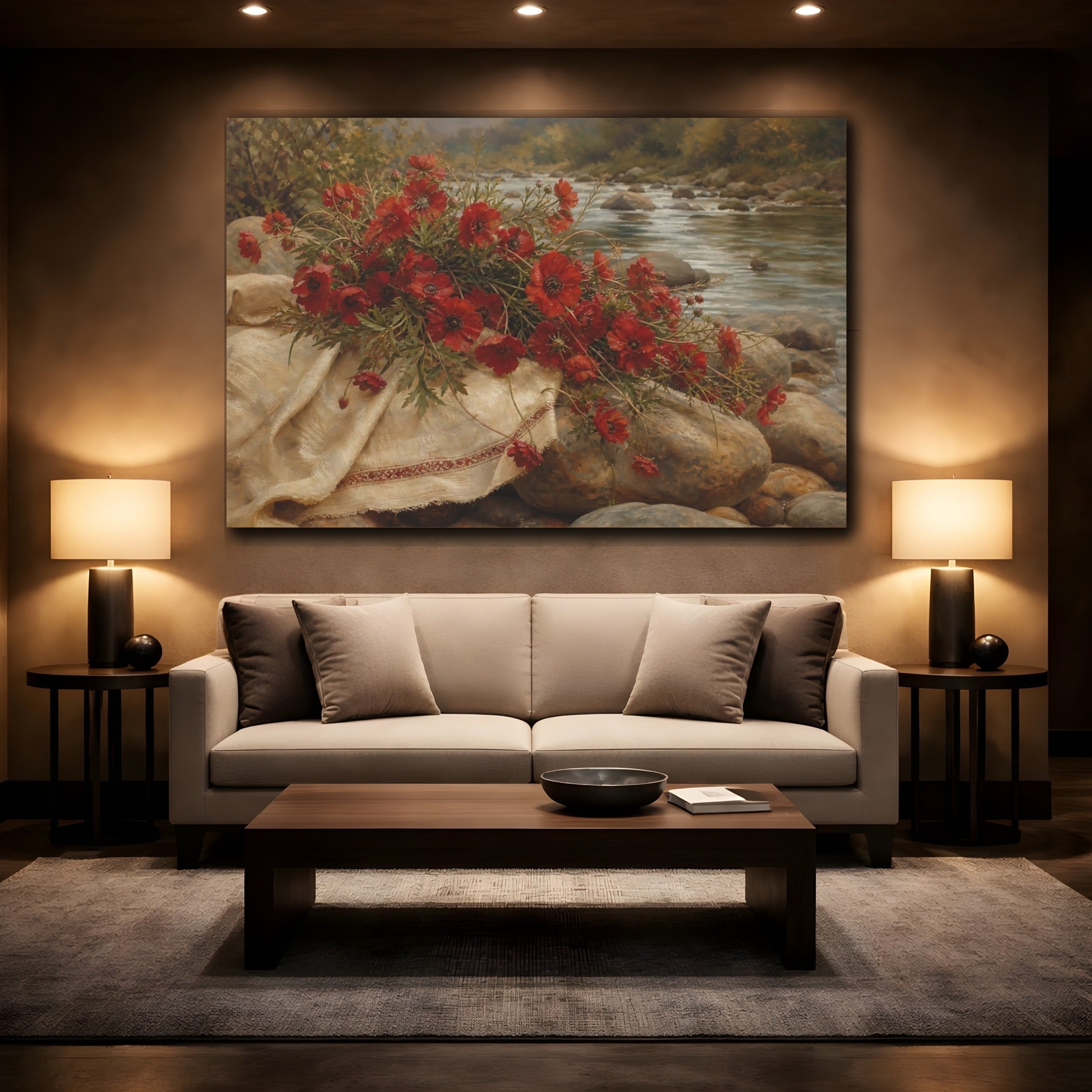 Mockup 2. Floral Red Poppies Red Floral River shown as stretched canvas wall art