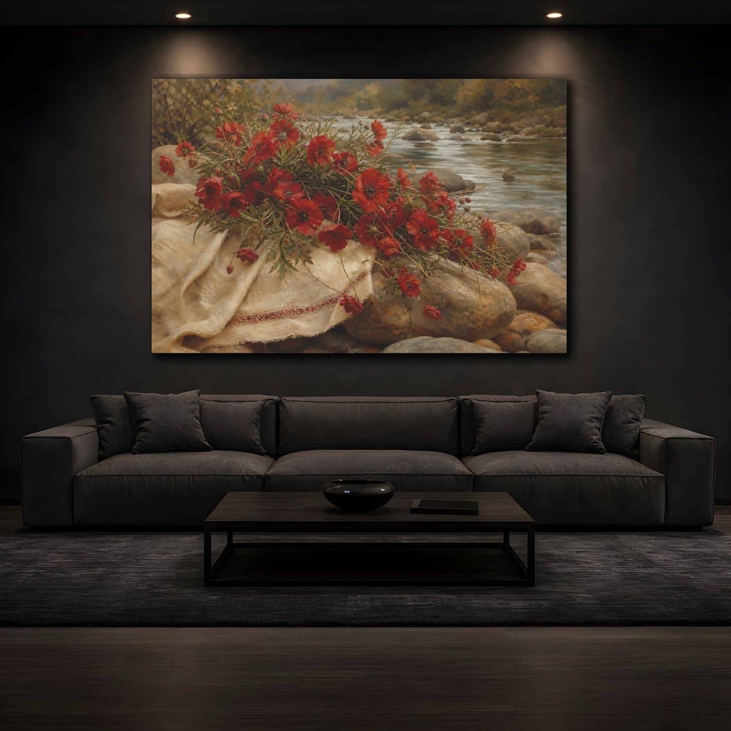 Mockup 3. Floral Red Poppies Red Floral River shown as stretched canvas wall art