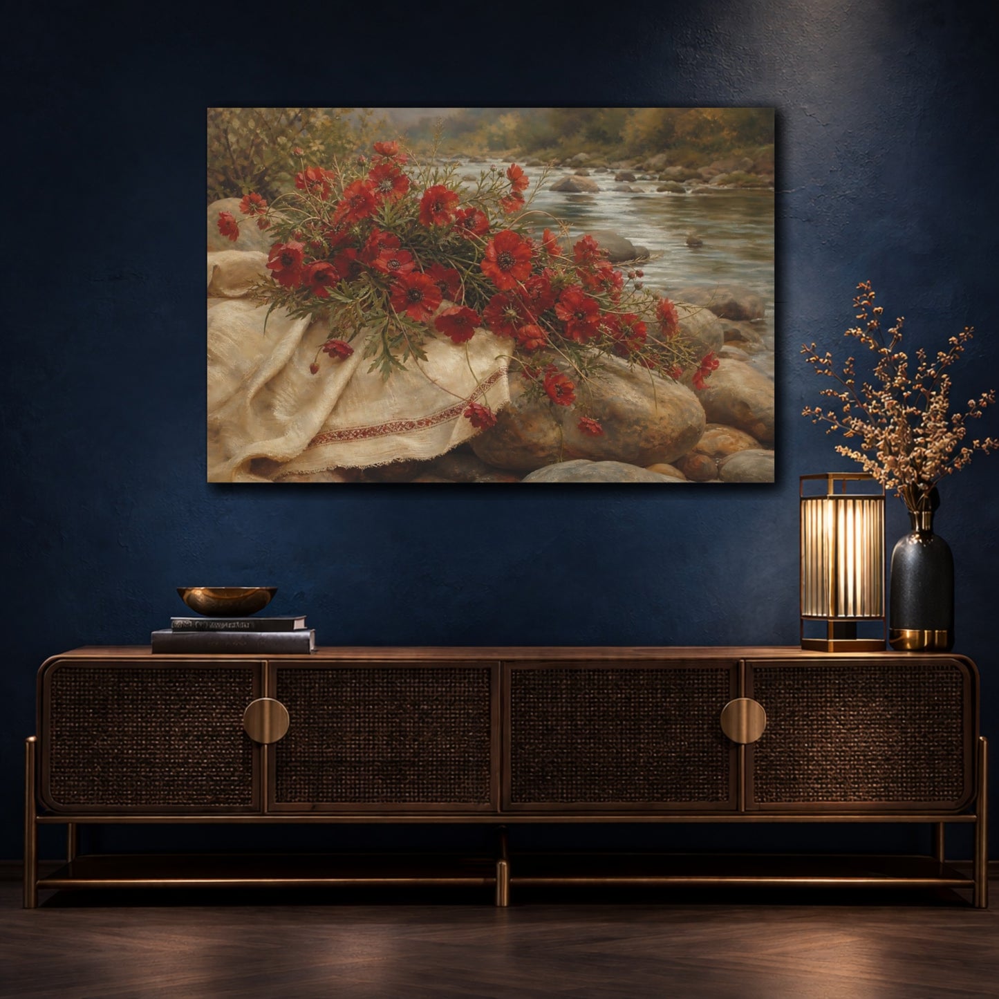 Mockup 4. Floral Red Poppies Red Floral River shown as stretched canvas wall art
