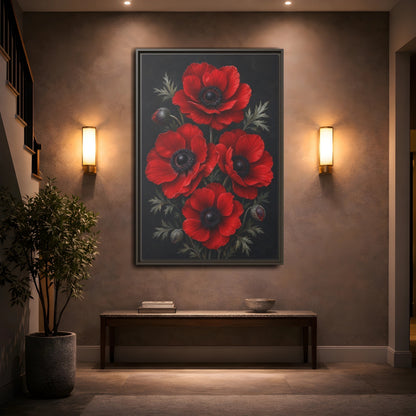 Mockup 2. Floral Red Poppies Red Poppies shown as stretched canvas wall art