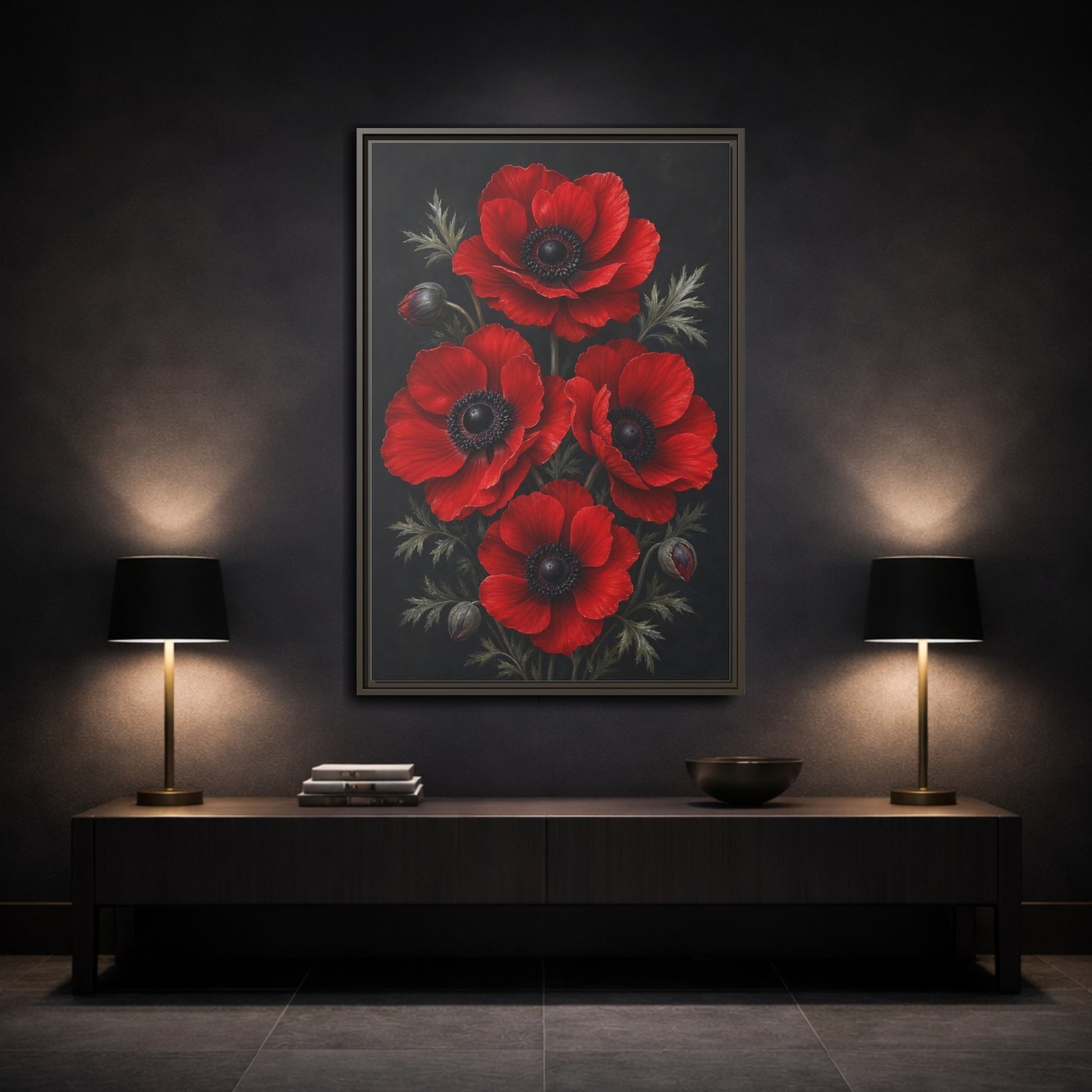 Mockup 3. Floral Red Poppies Red Poppies shown as stretched canvas wall art
