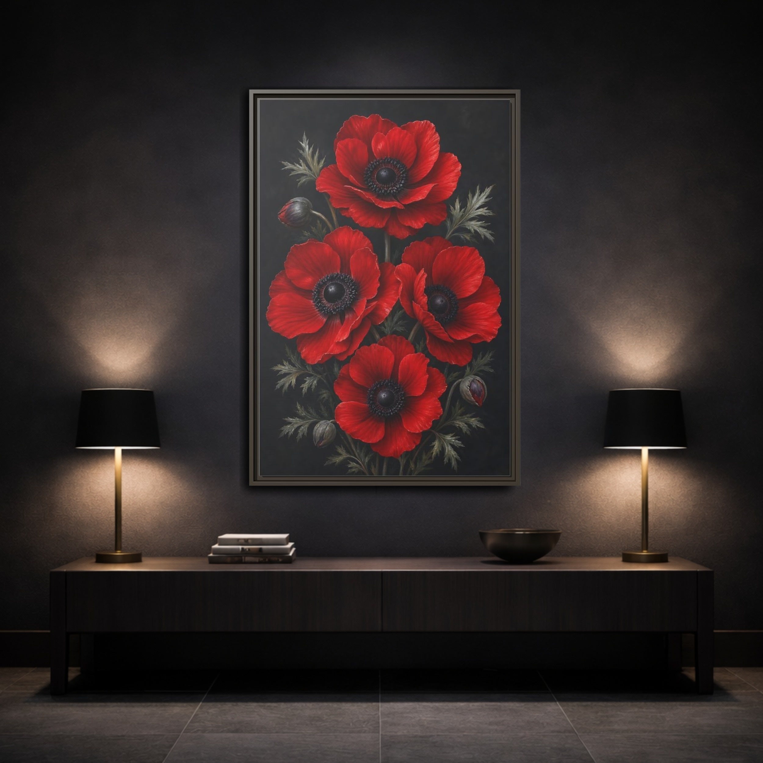 Mockup 3. Floral Red Poppies Red Poppies shown as stretched canvas wall art