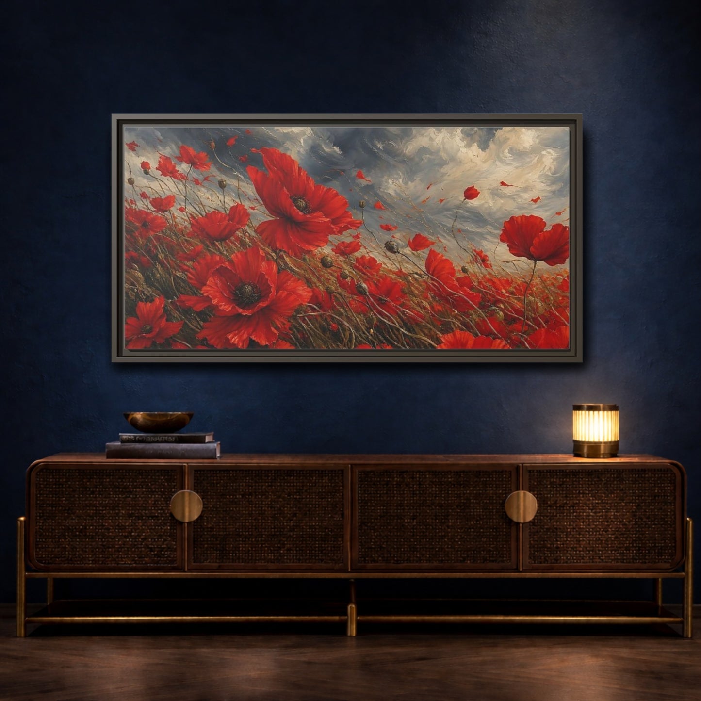 Mockup 4. Floral Red Poppies Red Poppies shown as stretched canvas wall art
