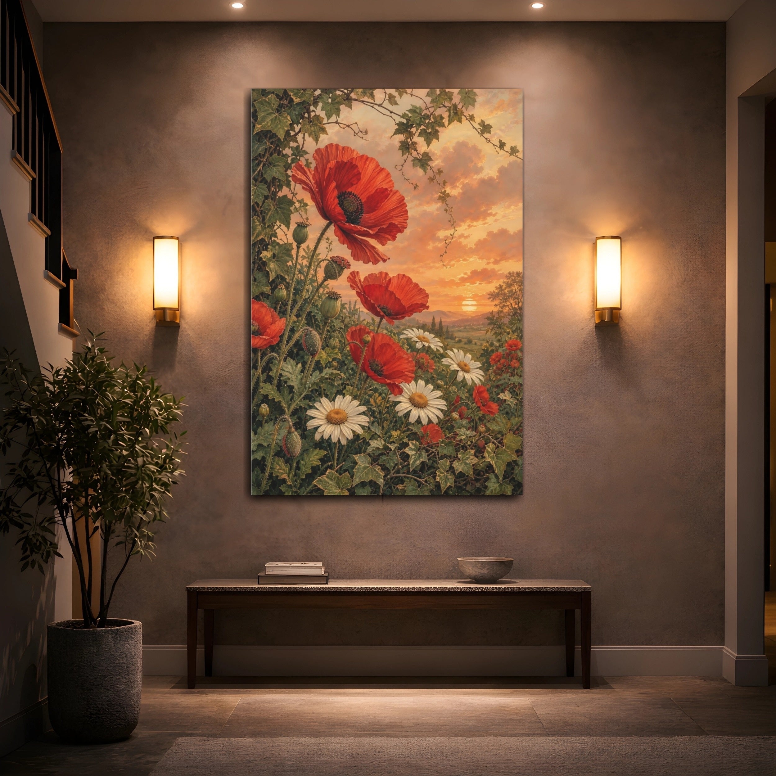 Mockup 2. Floral Red Poppies Red Poppies Sunset shown as stretched canvas wall art