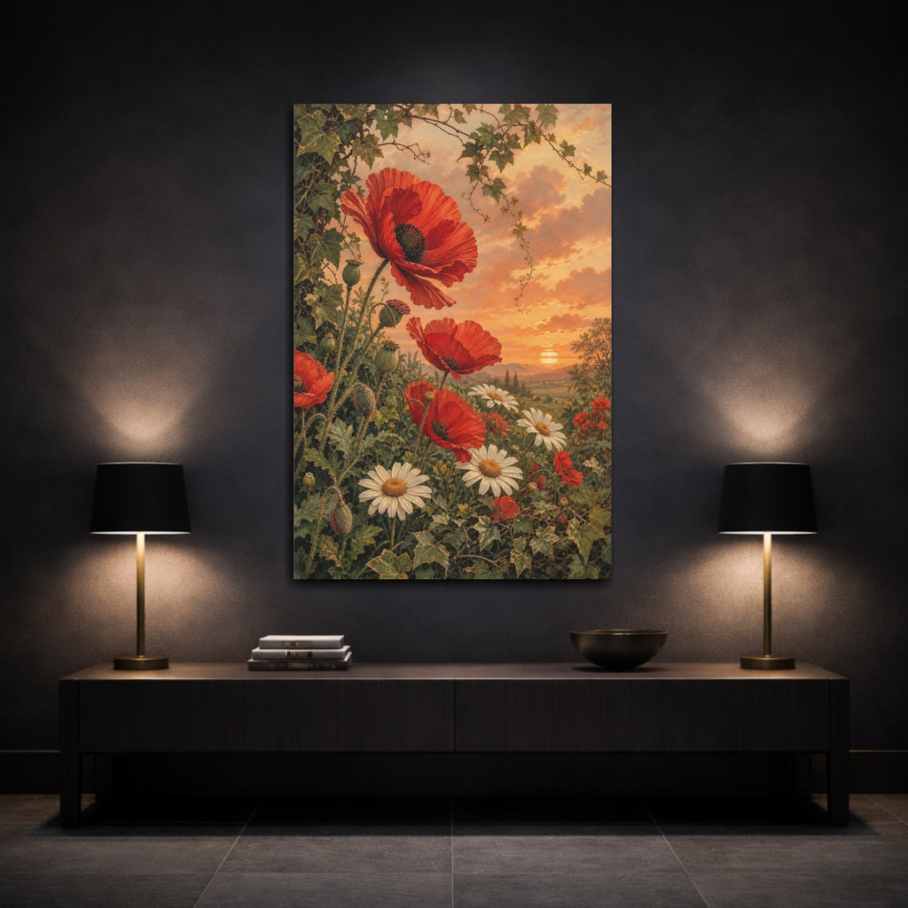 Mockup 3. Floral Red Poppies Red Poppies Sunset shown as stretched canvas wall art