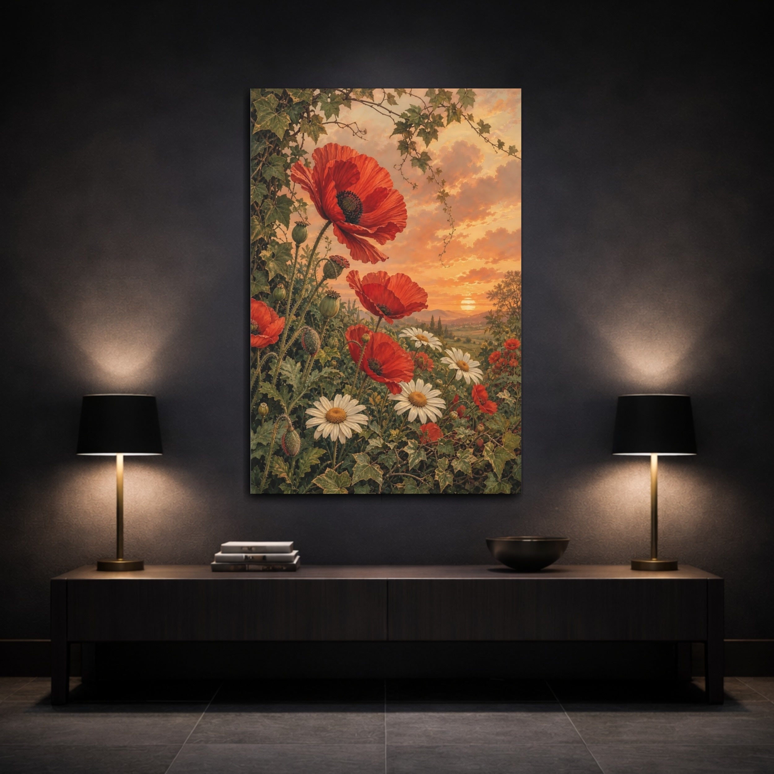 Mockup 3. Floral Red Poppies Red Poppies Sunset shown as stretched canvas wall art