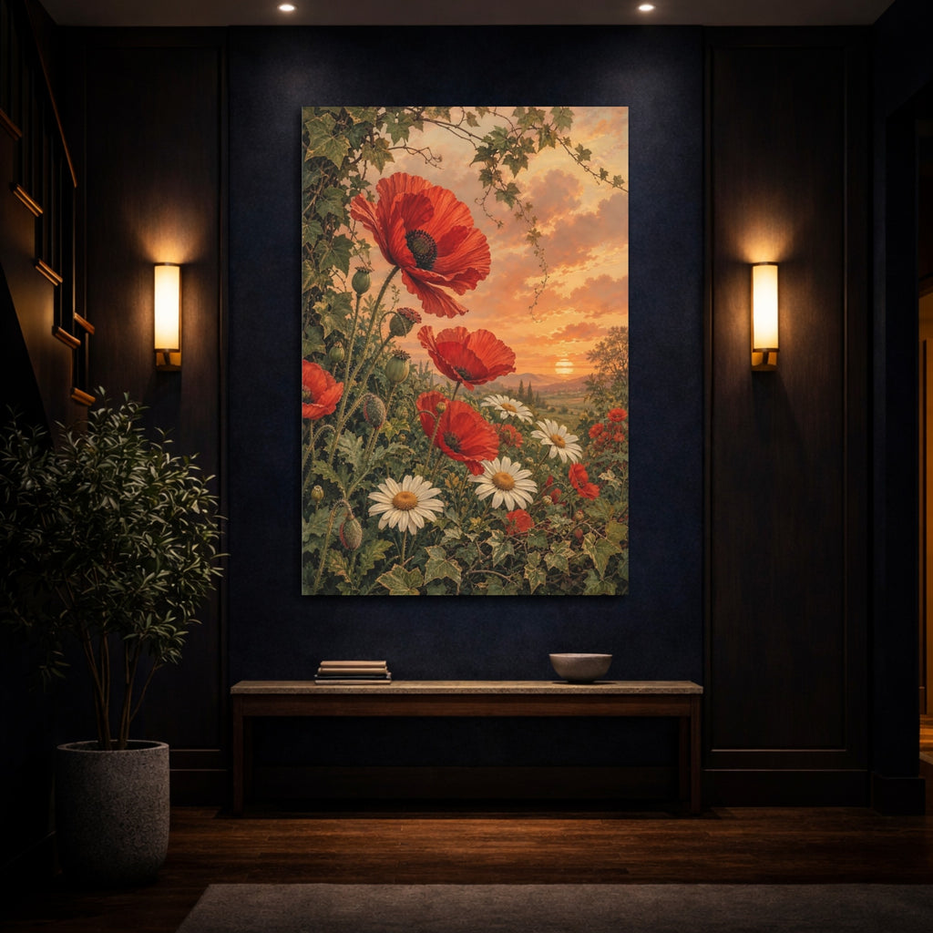 Mockup 4. Floral Red Poppies Red Poppies Sunset shown as stretched canvas wall art