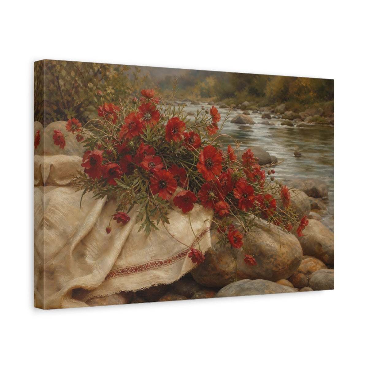 Side Mockup 4. Floral Red Poppies Red Floral River shown as stretched canvas wall art