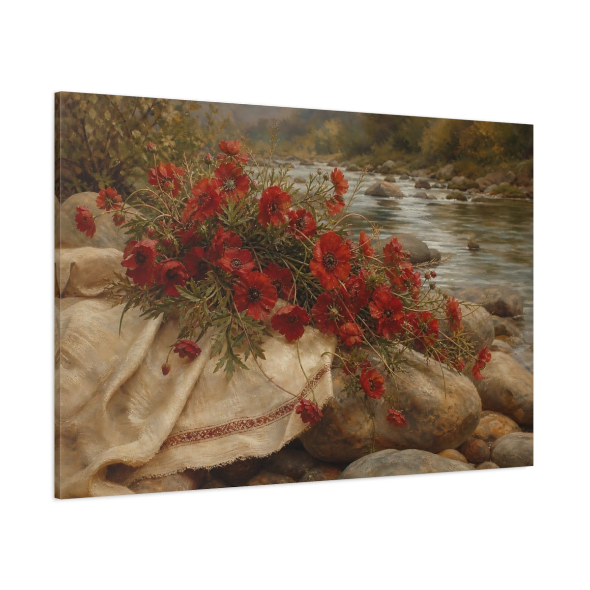 Side Mockup 1. Floral Red Poppies Red Floral River shown as stretched canvas wall art