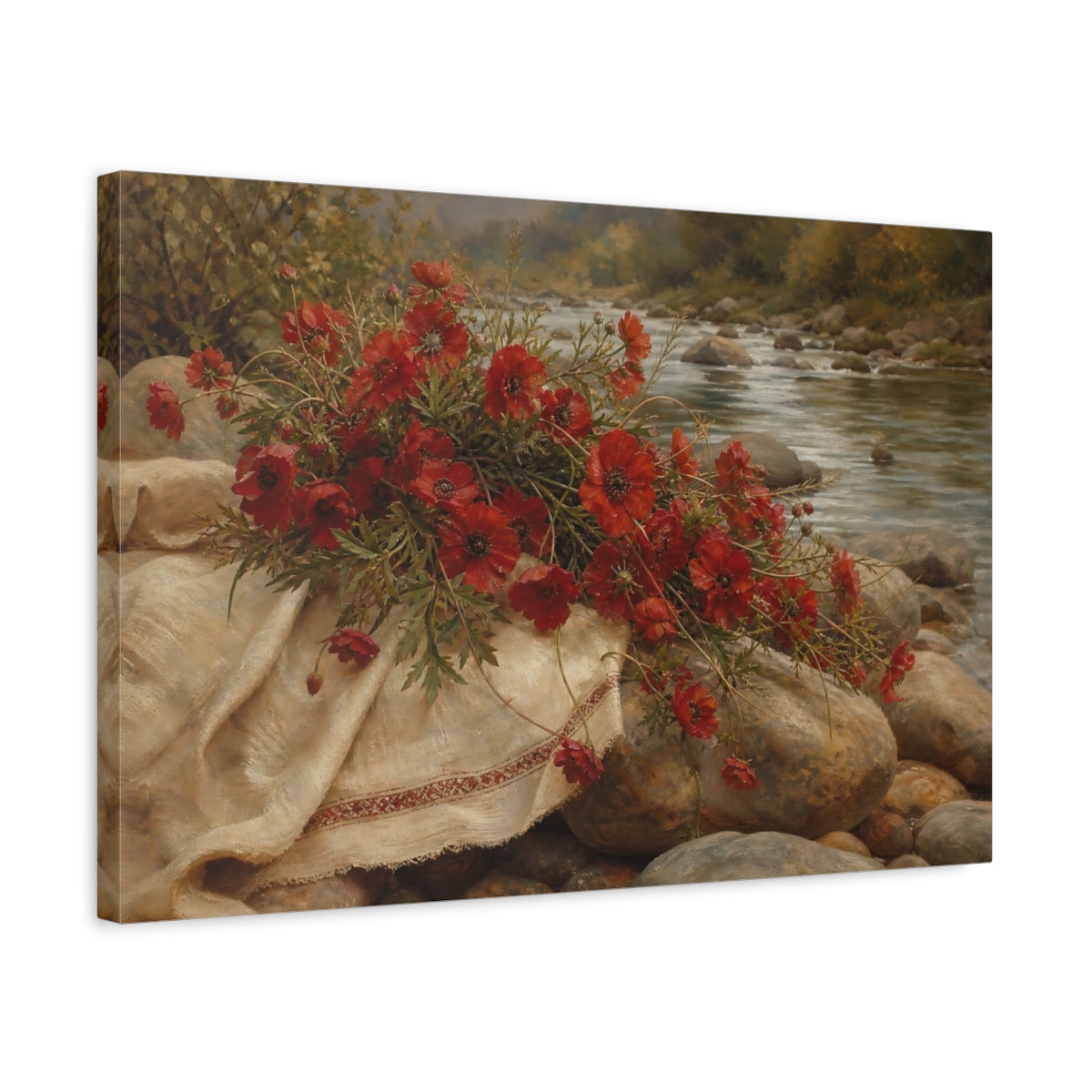 Side Mockup 3. Floral Red Poppies Red Floral River shown as stretched canvas wall art