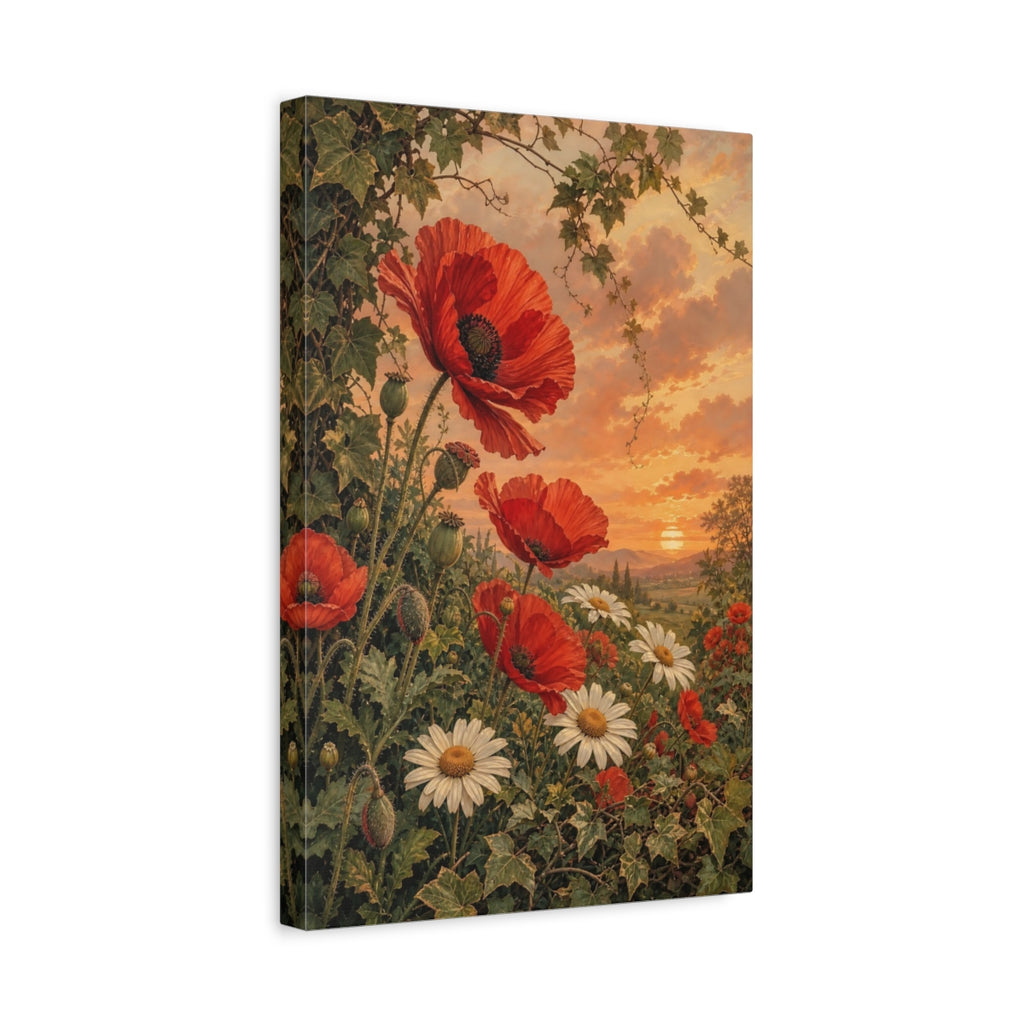 Side Mockup 4. Floral Red Poppies Red Poppies Sunset shown as stretched canvas wall art