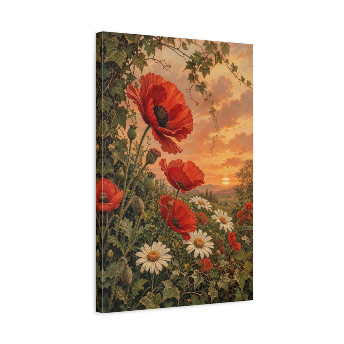 Side Mockup 3. Floral Red Poppies Red Poppies Sunset shown as stretched canvas wall art