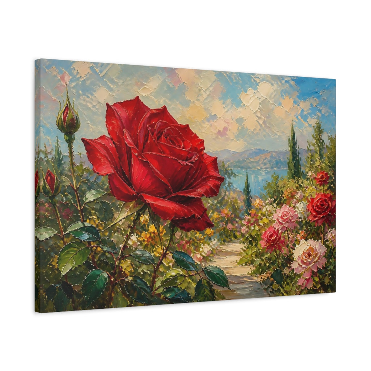 Side Mockup 2. Floral Red Rose Red Rose Garden shown as stretched canvas wall art