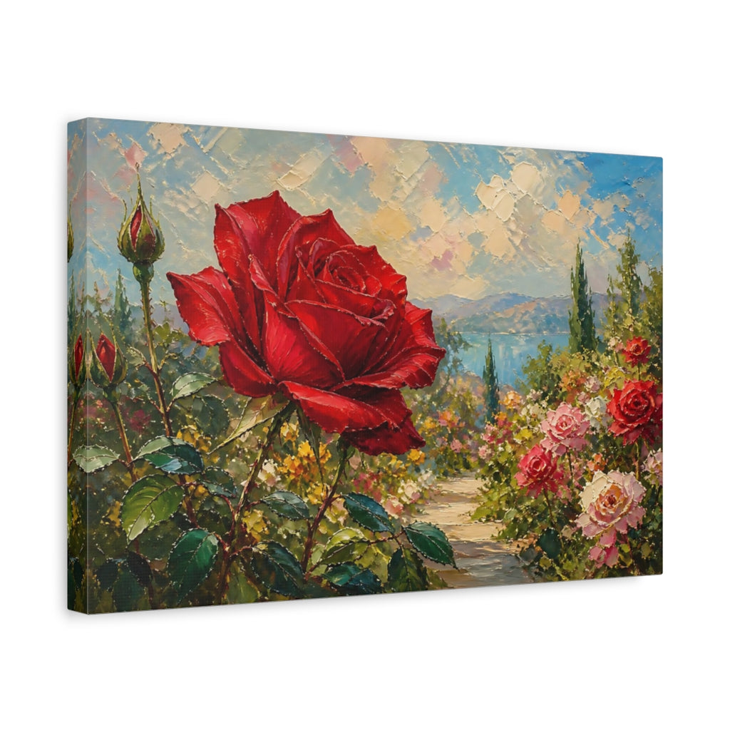 Side Mockup 4. Floral Red Rose Red Rose Garden shown as stretched canvas wall art