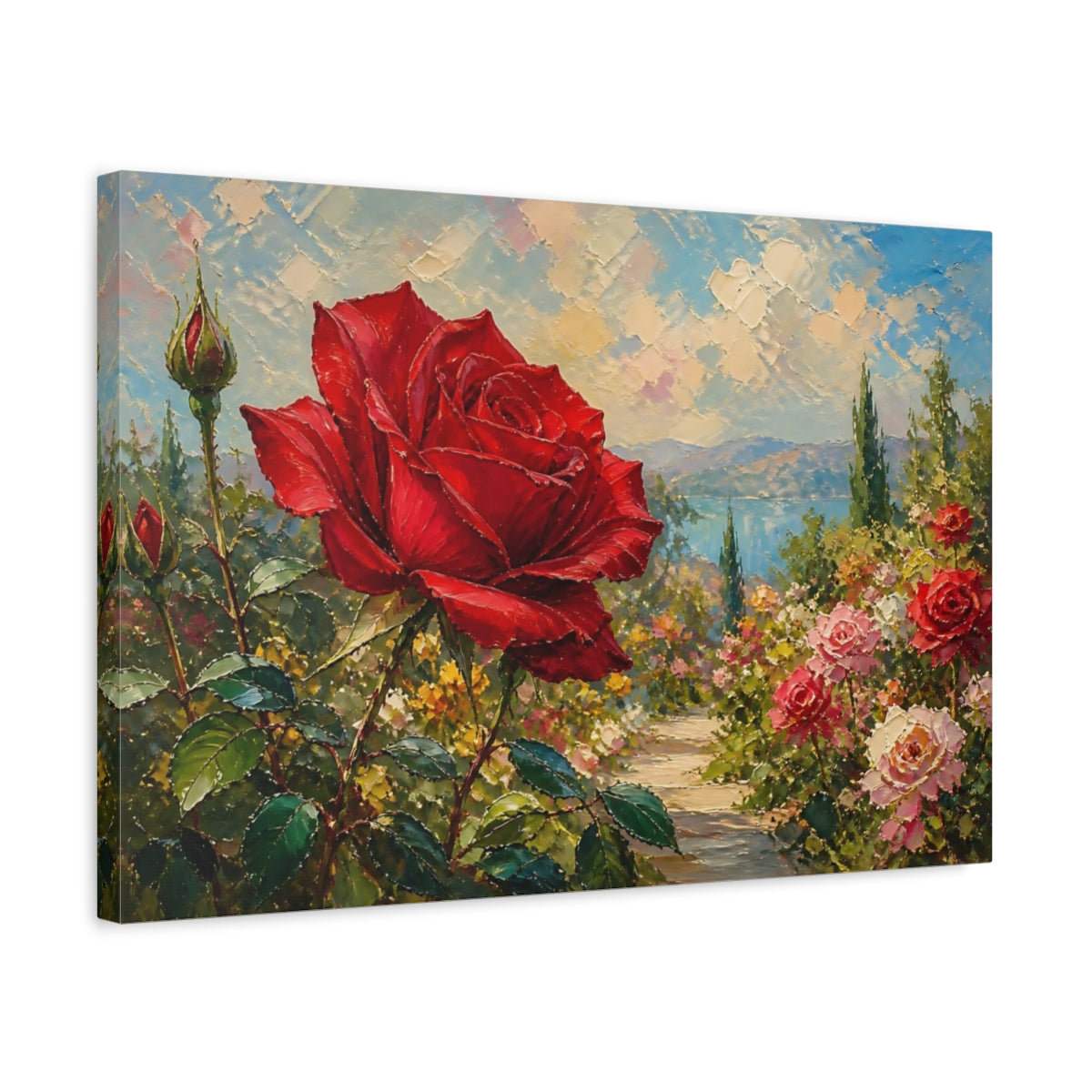 Side Mockup 3. Floral Red Rose Red Rose Garden shown as stretched canvas wall art