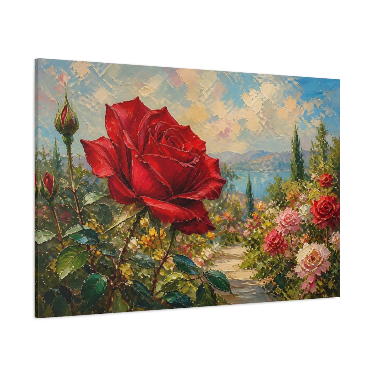 Side Mockup 1. Floral Red Rose Red Rose Garden shown as stretched canvas wall art