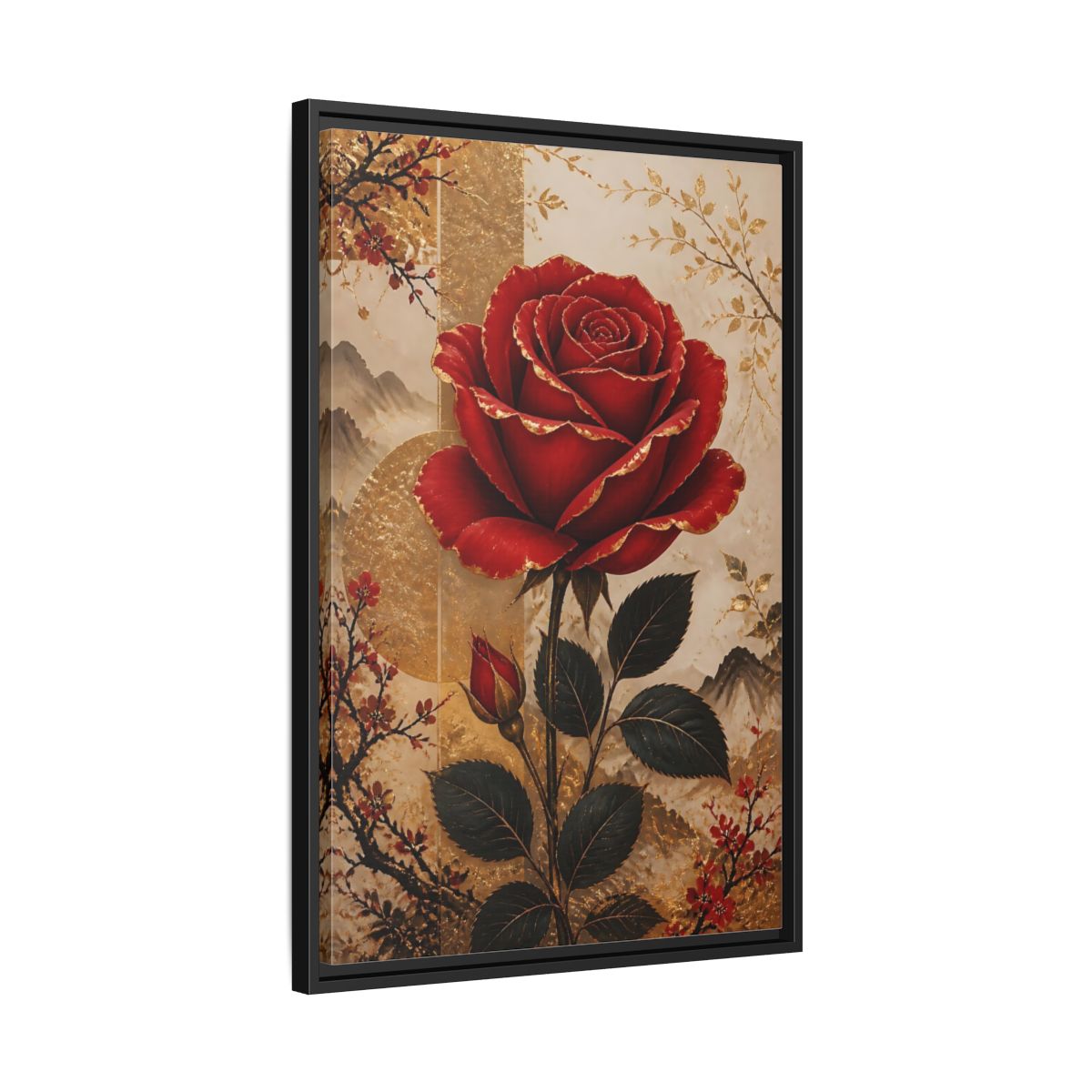 Side Mockup 14. Floral Red Rose Red Gold Floral shown as stretched canvas wall art