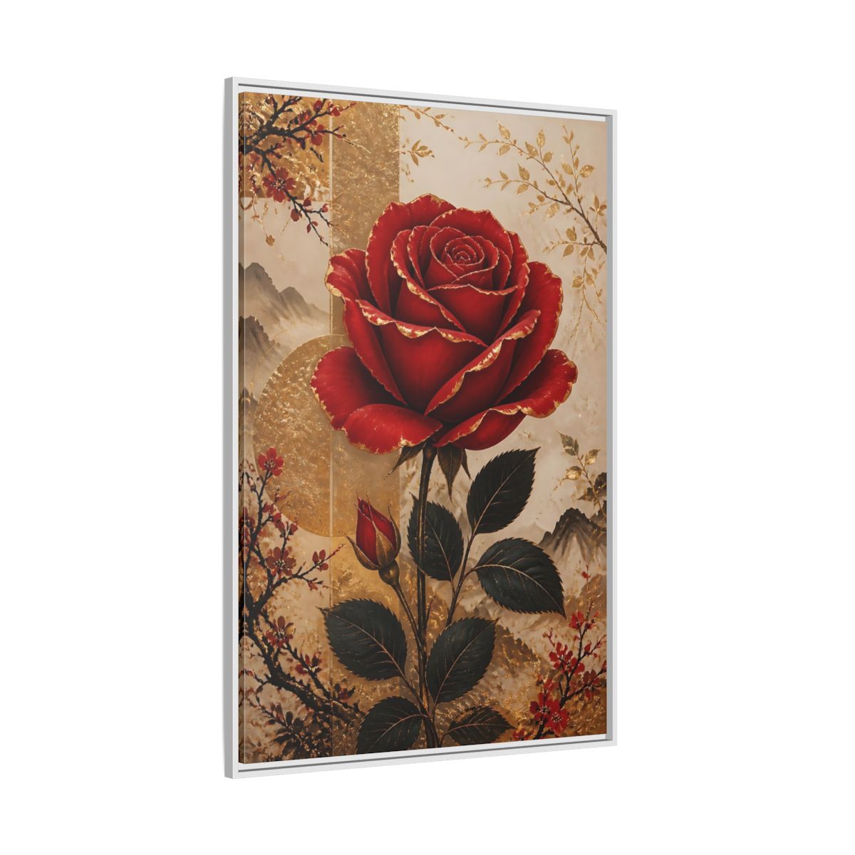 Side Mockup 7. Floral Red Rose Red Gold Floral shown as stretched canvas wall art