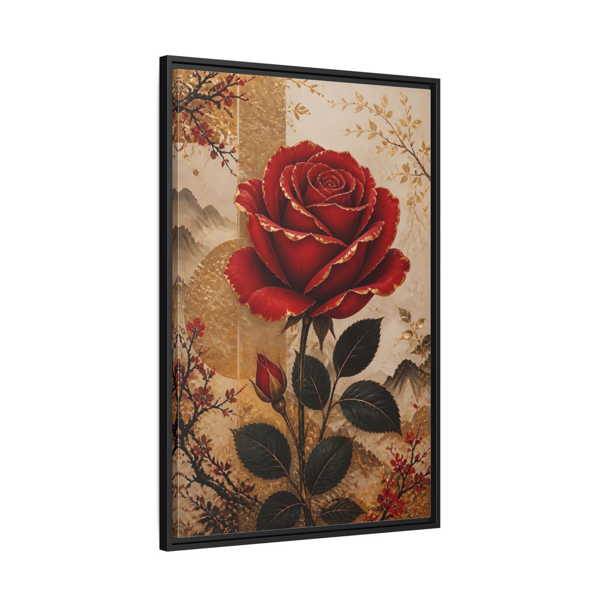 Side Mockup 13. Floral Red Rose Red Gold Floral shown as stretched canvas wall art