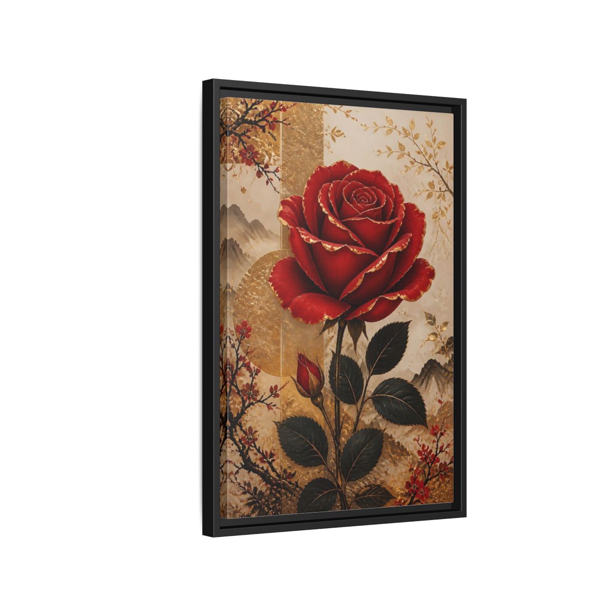 Side Mockup 3. Floral Red Rose Red Gold Floral shown as stretched canvas wall art