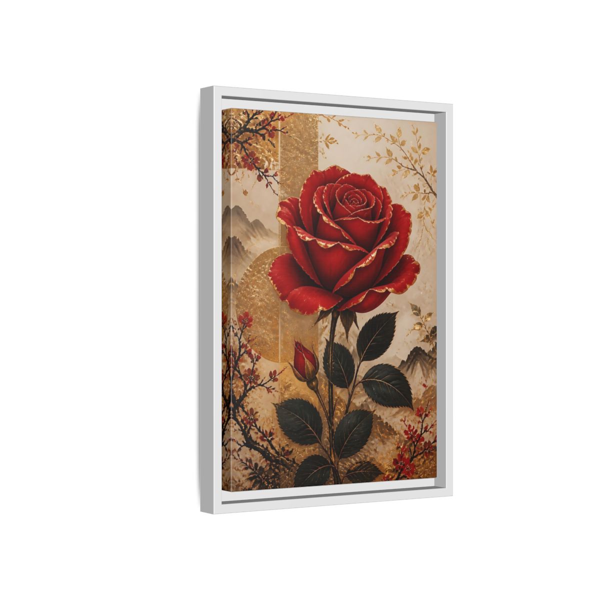 Side Mockup 4. Floral Red Rose Red Gold Floral shown as stretched canvas wall art