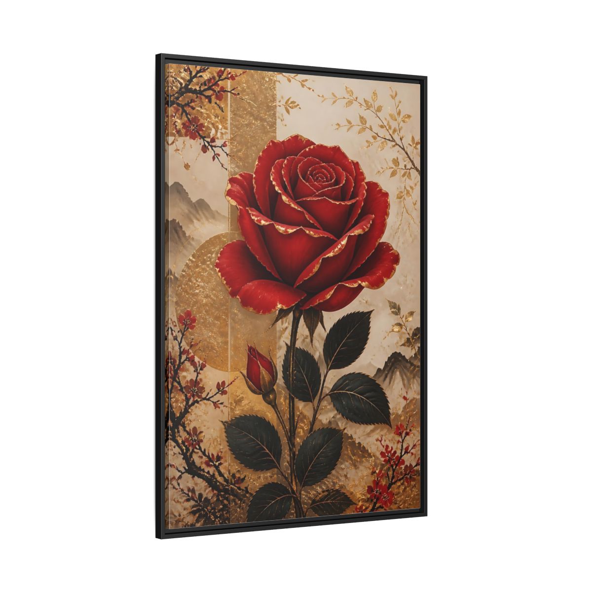 Side Mockup 12. Floral Red Rose Red Gold Floral shown as stretched canvas wall art