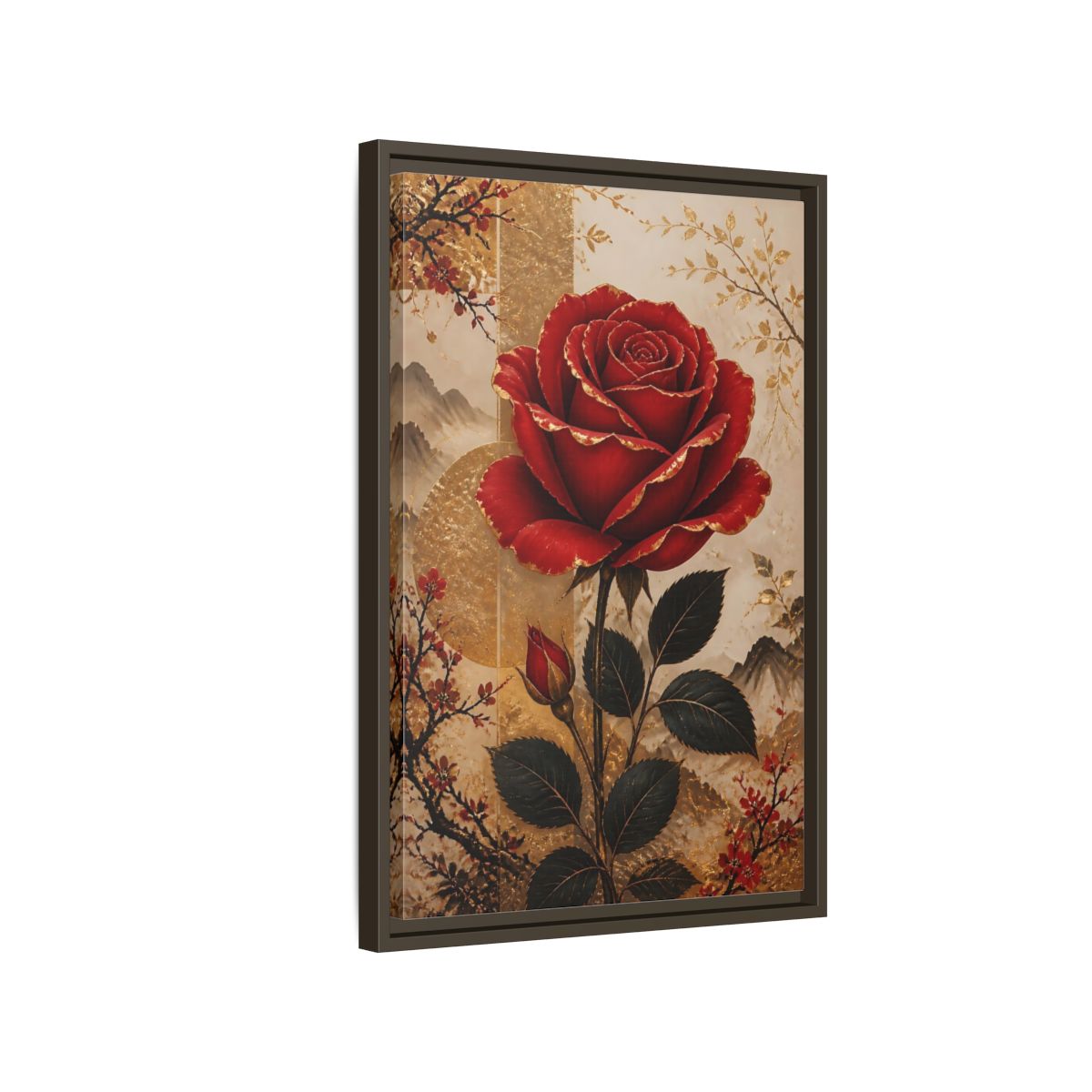 Side Mockup 2. Floral Red Rose Red Gold Floral shown as stretched canvas wall art