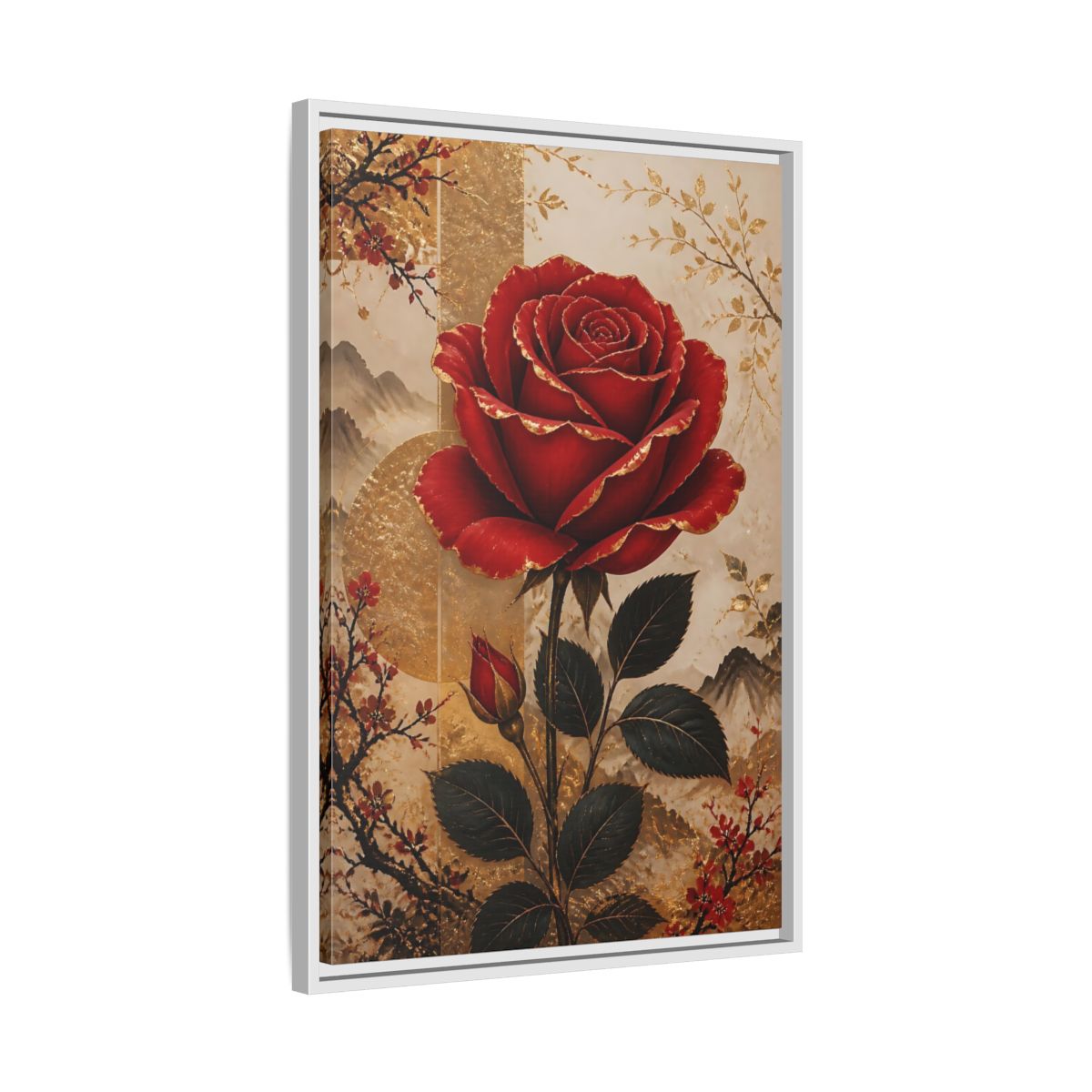 Side Mockup 10. Floral Red Rose Red Gold Floral shown as stretched canvas wall art