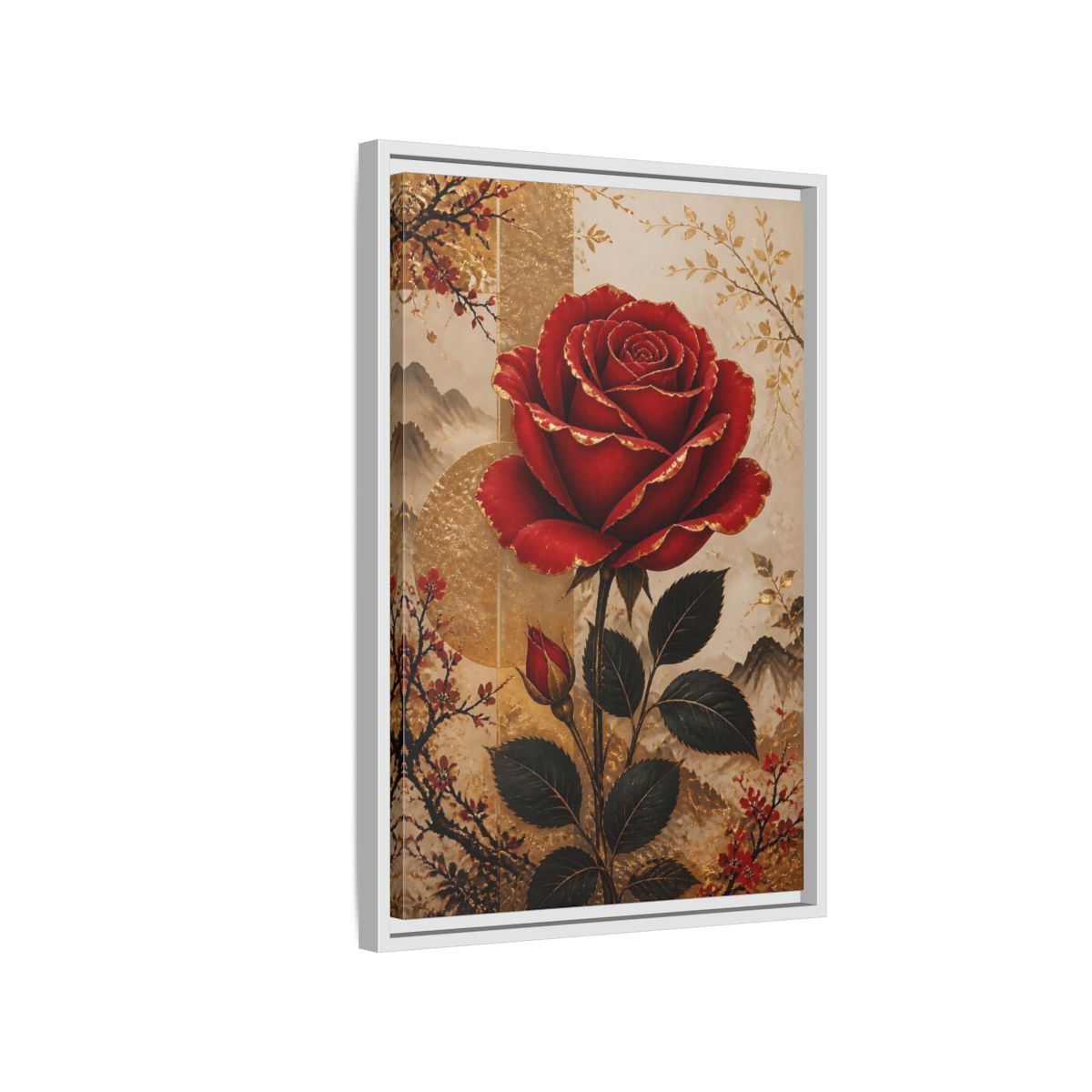 Side Mockup 1. Floral Red Rose Red Gold Floral shown as stretched canvas wall art