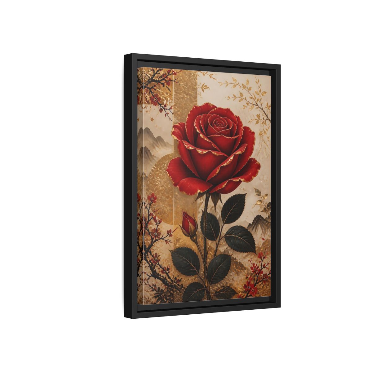 Side Mockup 6. Floral Red Rose Red Gold Floral shown as stretched canvas wall art