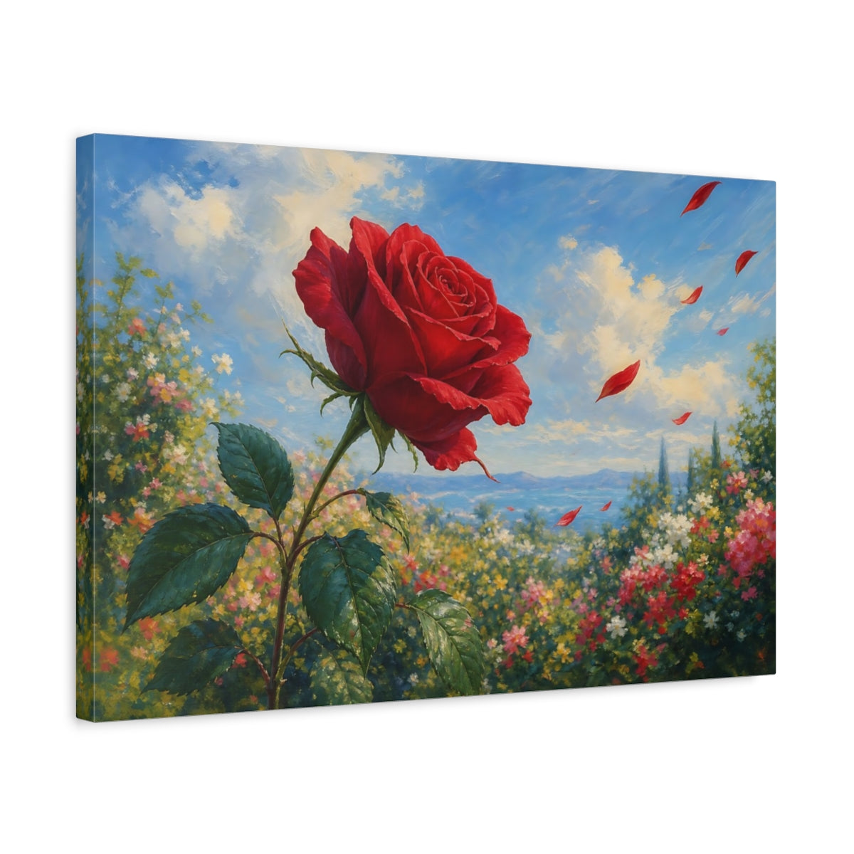 Side Mockup 3. Floral Red Rose Red Floral Landscape shown as stretched canvas wall art
