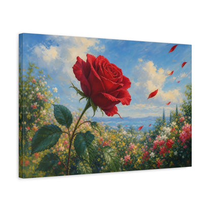 Side Mockup 3. Floral Red Rose Red Floral Landscape shown as stretched canvas wall art