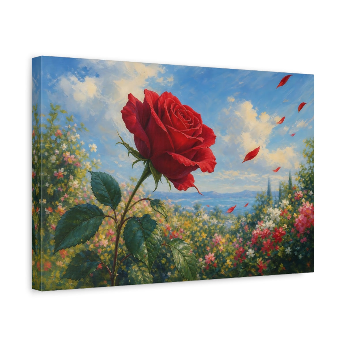 Side Mockup 4. Floral Red Rose Red Floral Landscape shown as stretched canvas wall art
