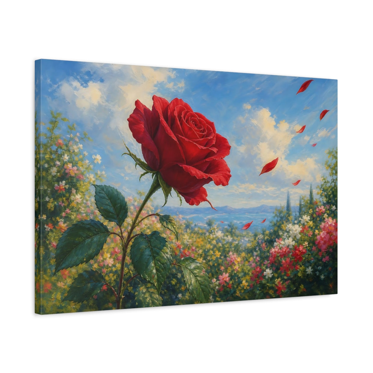 Side Mockup 2. Floral Red Rose Red Floral Landscape shown as stretched canvas wall art