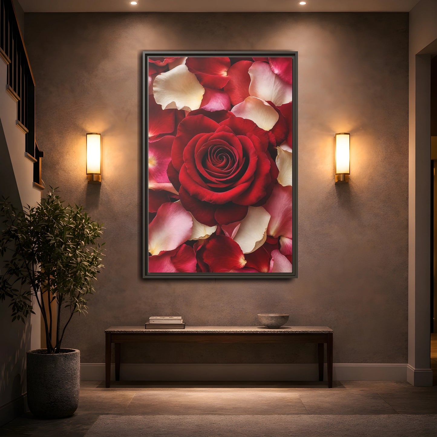 Floral Red Rose and Pink Framed Canvas Wall Art - Realistic Decor for Bedroom, Above Bed shown as canvas wall art