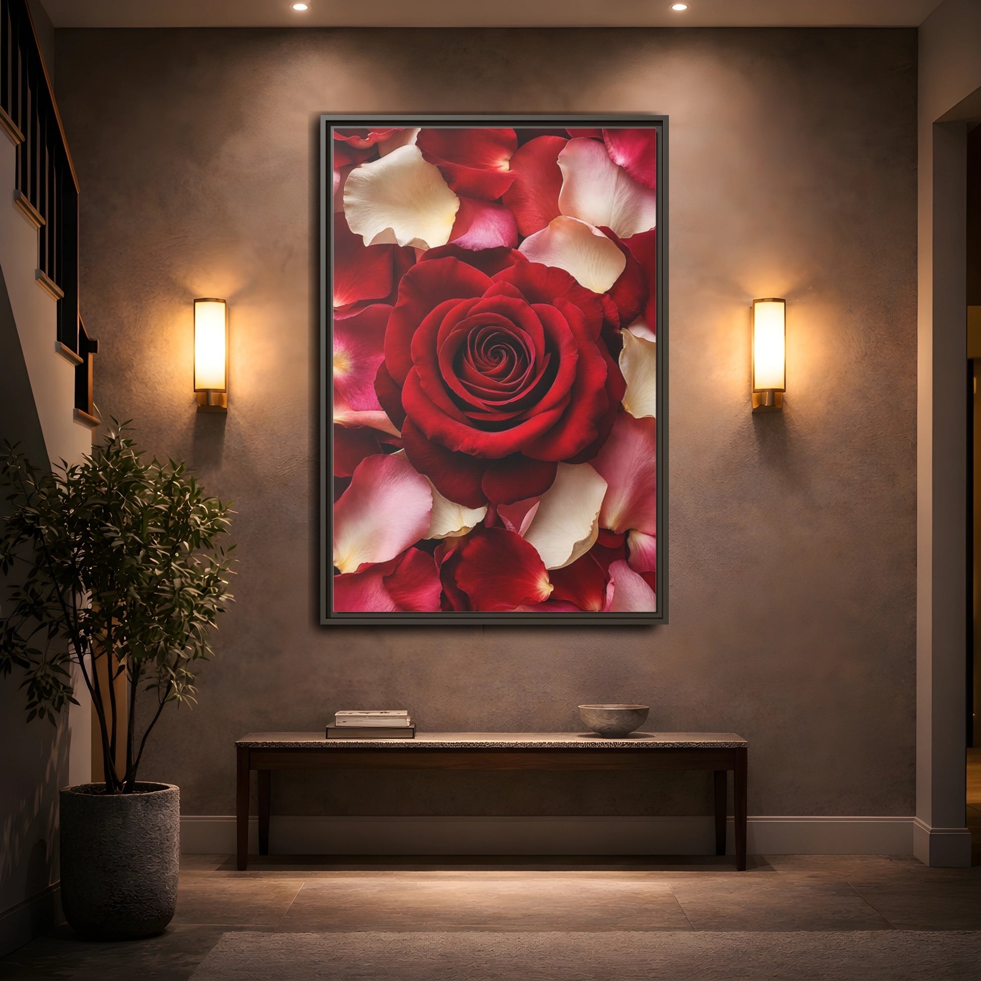 Floral Red Rose and Pink Framed Canvas Wall Art - Realistic Decor for Bedroom, Above Bed shown as canvas wall art