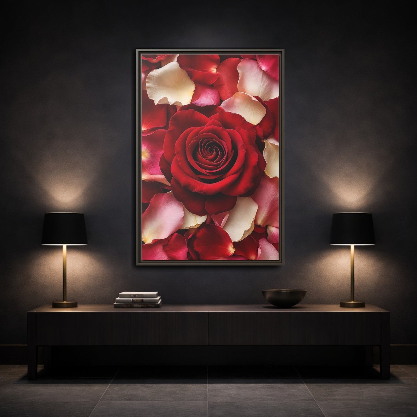 Floral Red Rose and Pink Framed Canvas Wall Art - Realistic Decor for Bedroom, Above Bed shown as canvas wall art