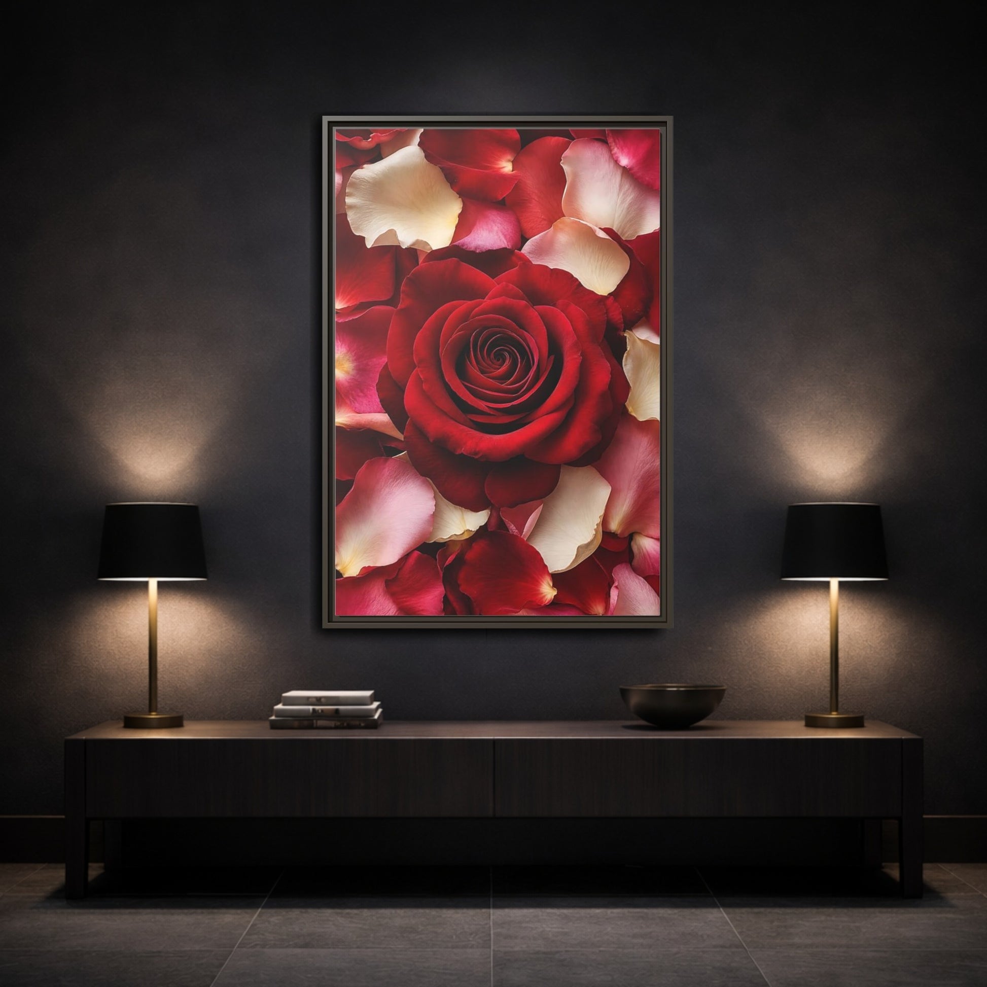 Floral Red Rose and Pink Framed Canvas Wall Art - Realistic Decor for Bedroom, Above Bed shown as canvas wall art