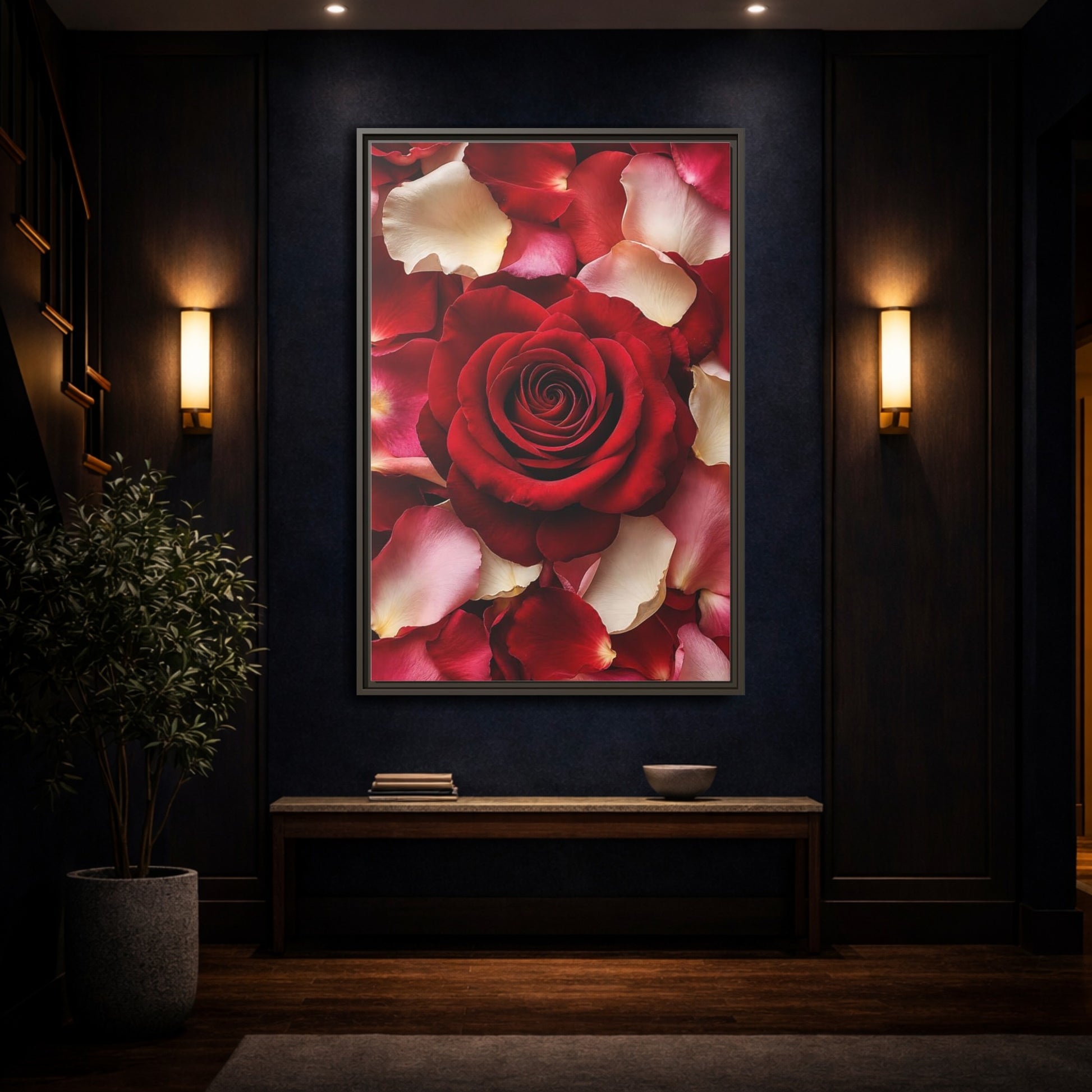 Floral Red Rose and Pink Framed Canvas Wall Art - Realistic Decor for Bedroom, Above Bed shown as canvas wall art