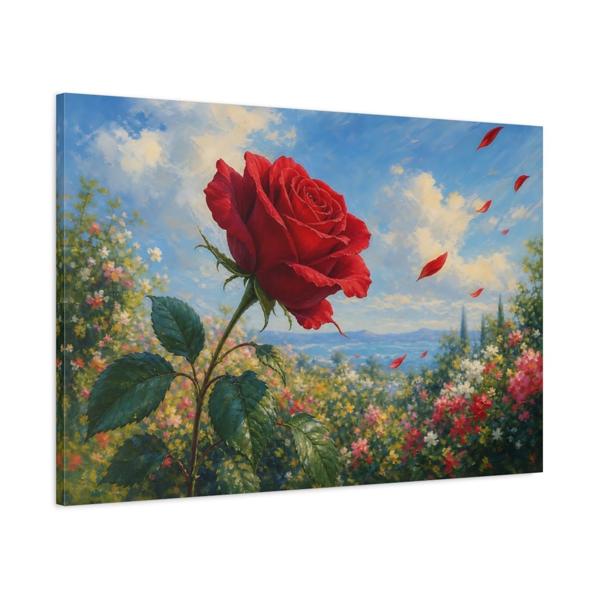 Main Mockup. Floral Red Rose Red Floral Landscape shown as stretched canvas wall art