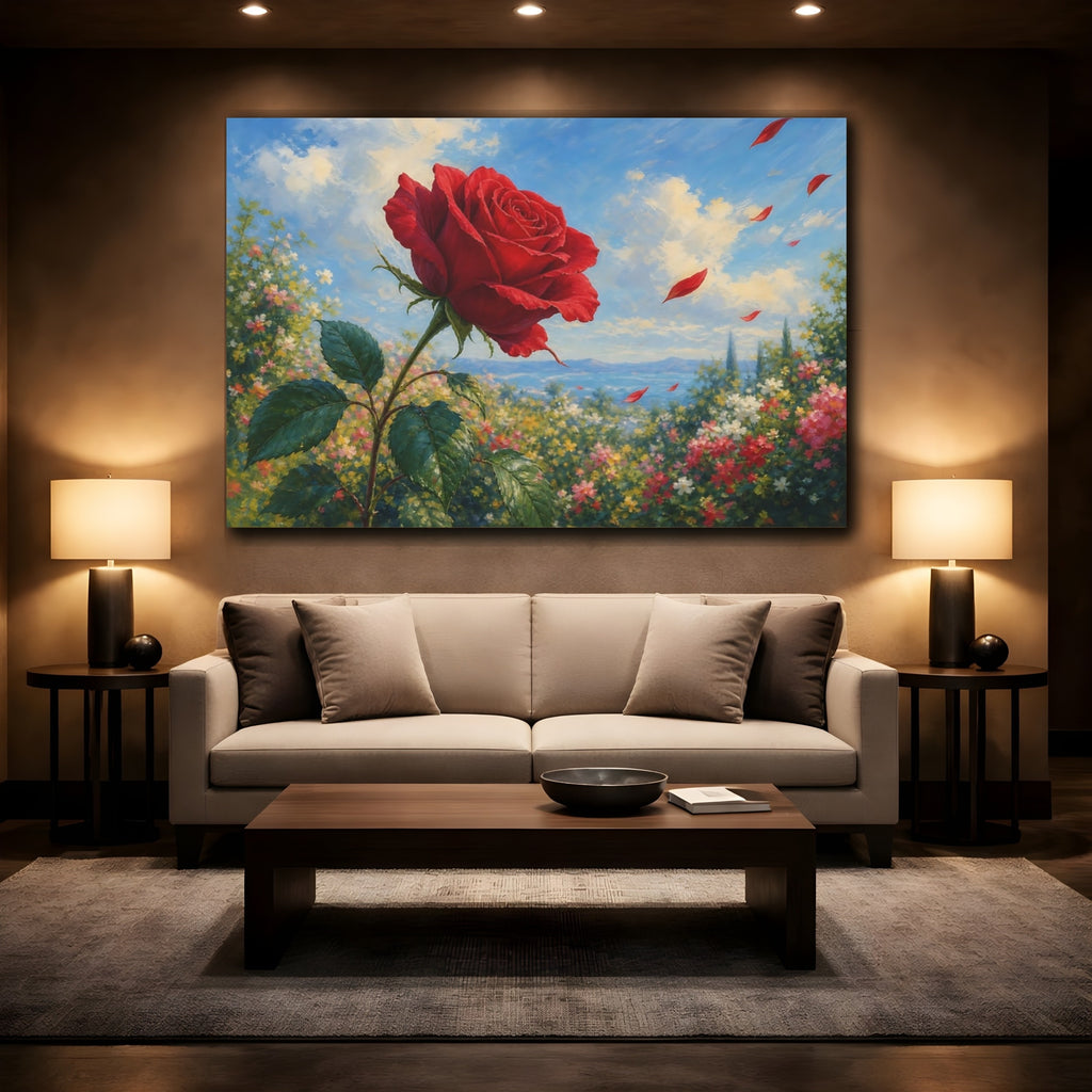Mockup 2. Floral Red Rose Red Floral Landscape shown as stretched canvas wall art