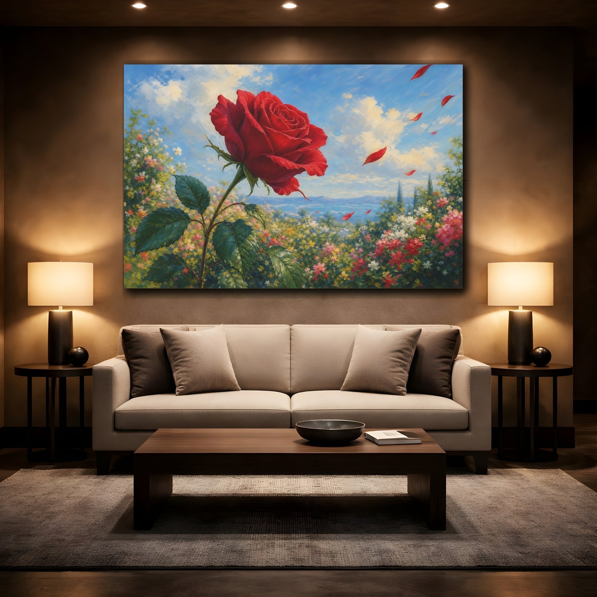 Mockup 2. Floral Red Rose Red Floral Landscape shown as stretched canvas wall art